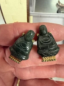 Vintage Grand Prix Genuine Green Jade Dynasty Buddha Shaped Cufflink Set 4172 - Picture 1 of 3