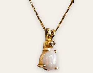 14k Yellow White Opal Marquise Cut Diamond Pendant Chain 18" - Picture 1 of 8