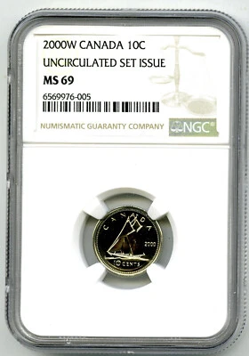 2000 ' W ' MINT CANADA 10 CENT NGC MS69 UNCIRCULATED DIME TOP GRADE BROWN LABEL - Image 1 of 2