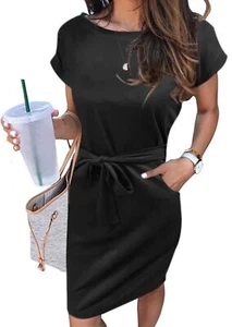 Women's Summer Striped Short Sleeve T Shirt Dress Casual Tie Waist Midi Dress... - Picture 1 of 8