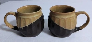 Clay In Mind Mugs Handmade Studio Art Pottery Set Of 2 Gold +Brown Glaze Stamped - Picture 1 of 5