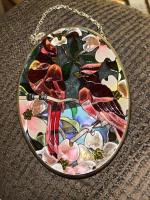 AMIA Stained Glass Sun Catcher Oval Cardinals Perched In Flowering Tree - Image 1 of 4