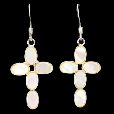 Pendientes de plata de ley 925 ovalados madreperla 6x4 mm cruz piedras preciosas joyería Foto 1 de 4