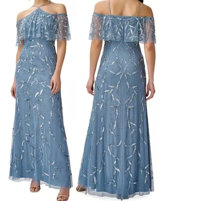 Aidan Mattox Blue Silver Beaded Sequin Off the Shoulder Halter Gown Size 2 NEW - Image 1 of 4