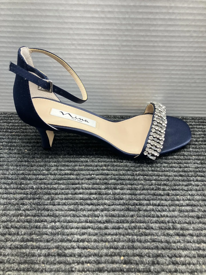 Sandálias femininas Nina tamanho 7 azul marinho alça no tornozelo strass salto gatinho vestido - Imagem 1 de 4