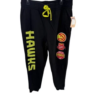 Atlanta Hawks NBA Black Jogger Pants Embroidered Patches Licensed Mens Large NEW - Picture 1 of 7
