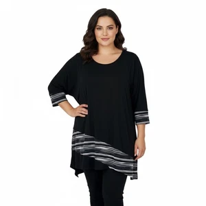 Catherines Tunika Top asymmetrischer Saum gestreift Borte lässige Bluse 2X Slinky schwarz - Bild 1 von 8