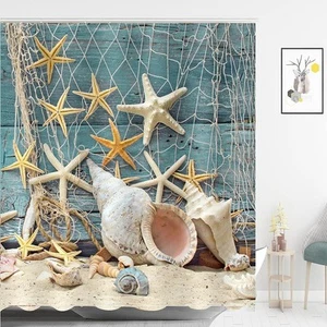 Beach Shower Curtain Seashell Beach Theme Starfish Shell Waterproof Fabric Ba... - Picture 1 of 7