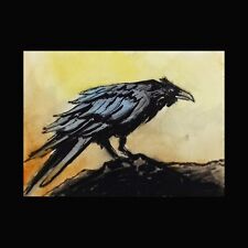 Aceo Crow Raven bird Halloween original landscape painting ATC card