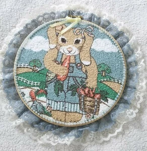 Vintage Embroidery Hoop Art Wall Décor ~Long Eared Country Bunny~ Blue/Wht Lace - Picture 1 of 4