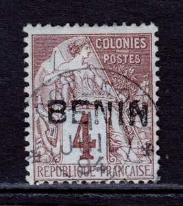 BENIN — SCOTT 3 — 1892 BENIN OVPT., 4c CLARET ON LAVENDER — USED — SCV $80 - Bild 1 von 2