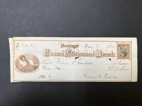 U.S. Revenue Document Portland Canal National Bank 1874 Bank Note No. 16 Cover