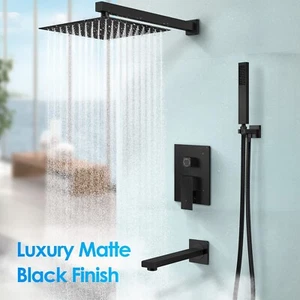 Black Shower Faucet Set System 12 inch Rainfall Shower Head Combo Kit Tub Filler - Picture 1 of 9