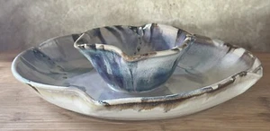 Chip & Dip Bowl Studio Pottery Drip Glaze Stoneware Signed OOAK Find - Picture 1 of 5