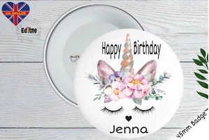 Personalised happy birthday badge add name 58mm badge unicorn badge - Picture 1 of 1