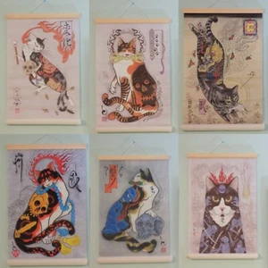 6 Japanese Art Print Wall Hanging Canvas Scroll Decor Anime Cats Lot - Picture 1 of 13