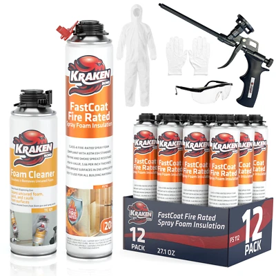 Kraken Bond FastCoat Closed Cell Spray Foam 12Pk Class A Fire-Rated Gun Incl Set