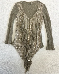 XCVI Jacket Small Fringe Tassels Boho Zip Up Asymmetric Knit Olive Green Black - Picture 1 of 24