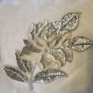 Applique Silver Sequin Beaded Wedding Costume Floral Flower Sparkle 10" - Picture 1 of 7