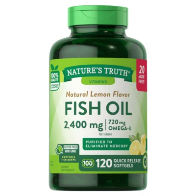 Óleo de peixe Natures Truth 2.400 mg sabor limão natural ômega-3 120 géis gelatinosos - Imagem 1 de 4