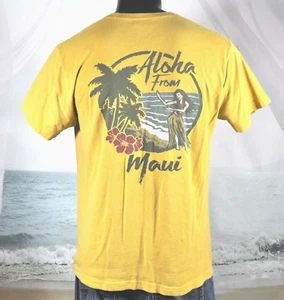Aloha From Maui Sz L Yellow Broken-in Hawaiian Beach SURFER SHIRT Sz L Hula Girl - Picture 1 of 6