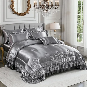 Grau Satin Queen Bettdecken Set mit Laken, Seide wie Satin Rüschen Bettwäscheset, Seide - Bild 1 von 9