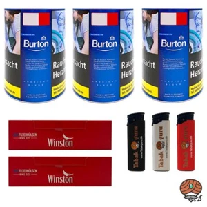 Burton Blue/Blau Feinschnitt Tabak Dose 3x 120g, 400 Winston Hülsen, Feuerzeuge - Bild 1 von 5