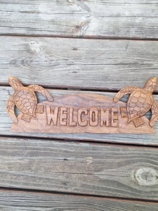 Hand Carved Wooden Welcome Sign Turtles Hawaiian Tiki Boho - Picture 1 of 8