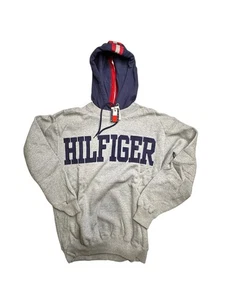 Vintage Tommy Hilfiger Hoodie Gray W Navy Embroidered Hilfiger Size Small NWT - Picture 1 of 3