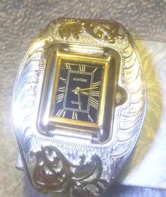 Montana Silversmiths Cuff Watch Silver Rose Gold Leaves Black Dial New Bat Nice Foto 1 de 4