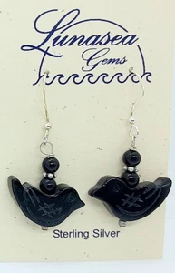 PENDIENTES COLGANTES LUNASEA TESOROS TALLADOS ÓNIX NEGRO CUERVO PÁJARO PLATA ESTERLINA - Imagen 1 de 3