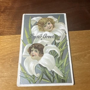 Antique Post Card Easter Greeting Embossed Girls Heads In White Lilies - Picture 1 of 2