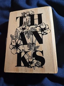 Recollections Wood Mounted Thanks Rubber Stamp Beautiful Stemmed Flowers-New - Picture 1 of 4