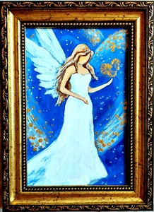 Guardian Angel painting Original Gold Framed Religious art Angel with heart - Picture 1 of 12