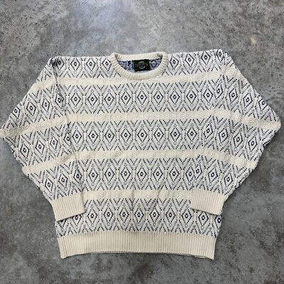 Vintage Jantzen Nordic Sweater Men's L Ivory Fair Isle Cable Knit blue USA made - Image 1 of 4