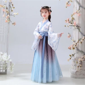 Kid Girl Floral Embroidered Shiny Mesh Hanfu Blue Swing Chinese Dress Retro Chic - Picture 1 of 15