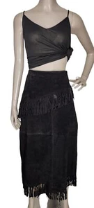 Vintage Boho Western Fringe Cowgirl Black Suede Full Length High-Waist Skirt - Picture 1 of 6