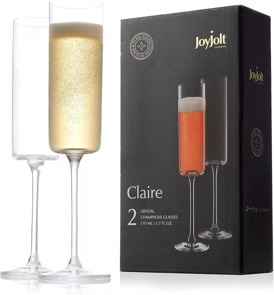 JoyJolt Claire European Crystal Champagne Flutes Glasses 5.7 Oz Set of 2