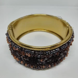 Brown Beaded Bangle Bracelet Wide Hinged Cuff Spring Ring Round Goldtone BoHo - Picture 1 of 4