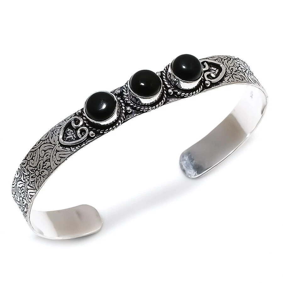 Brazalete ajustable de plata de ley 925 con piedras preciosas de ónix negro Foto 1 de 1