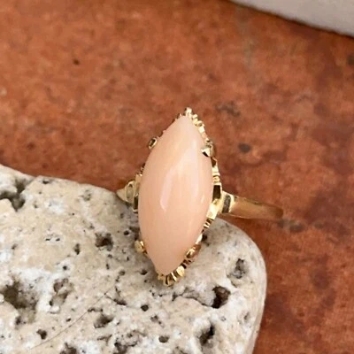 Anillo Vintage Oro Amarillo 14KT Punta Cabujón Marquesa Coral Pálido Piedras Preciosas Talla 5 Foto 1 de 4