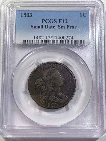 1803 P Large Cent Draped Bust PCGS F-12 BN Small Date, Small Fraction Cover