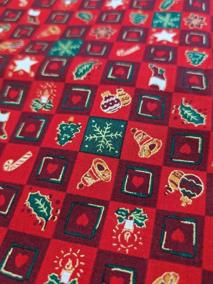 Red Green Gold Checkered Christmas Print Fabric Holiday Print 5 Yards Cotton - Image 1 of 4