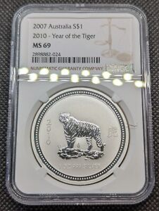 2007 (2010) Australia 1 oz Silver - Lunar Year of the Tiger. NGC MS69.