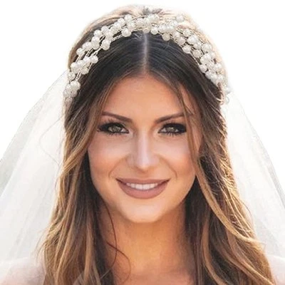 White Pearl Headpiece Elegant Bridal Headband Layered Ribbons Wedding Crown  - Image 1 of 4
