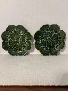 VINTAGE PAIR OF FAINCAS BELO GREEN GERANIUM LEAF MAJOLICA SALAD PLATES 8" DIA. - Picture 1 of 7