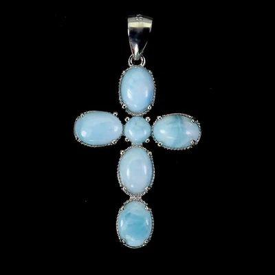 925 Sterling Silver Pendant Oval Larimar 6x4mm Natural Gemstone Cross Jewelry - Image 1 of 4