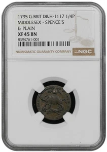 1795 Great Britain D&H-1117 Middlesex - Spence's 1/4 Pence NGC XF 45 BN - Picture 1 of 2