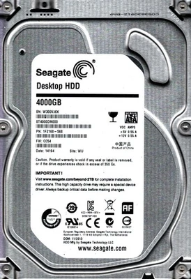 ST4000DM000 P/N: 1F2168-568 F/W: CC54 S/N: W300 WU 4TB NOV 2013 CHINA SEAGATE - Image 1 of 2