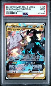Pokemon PSA 9 Reshiram & Zekrom GX 157/236 Holo Ultra Rara Eclissi Cosmica Come Nuovo - Foto 1 di 2